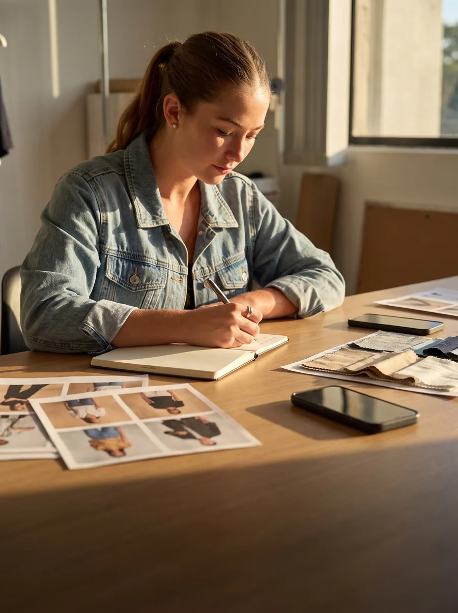 Profissional planejando conteúdo de várias marcas numa mesa com fotos impressas