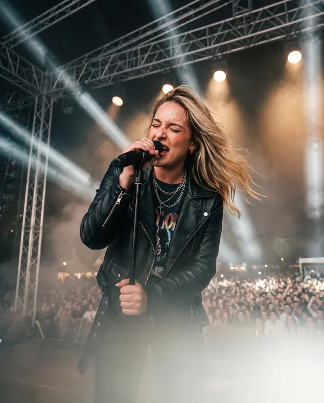Foto editorial criada no Studio da Tizze: cantora no palco diante da multidão