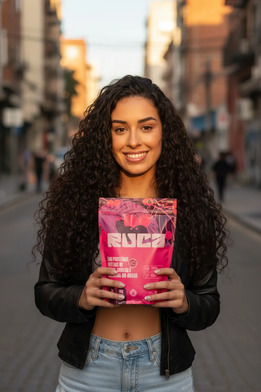 Influenciadora criada com IA pela Tizze segurando o produto